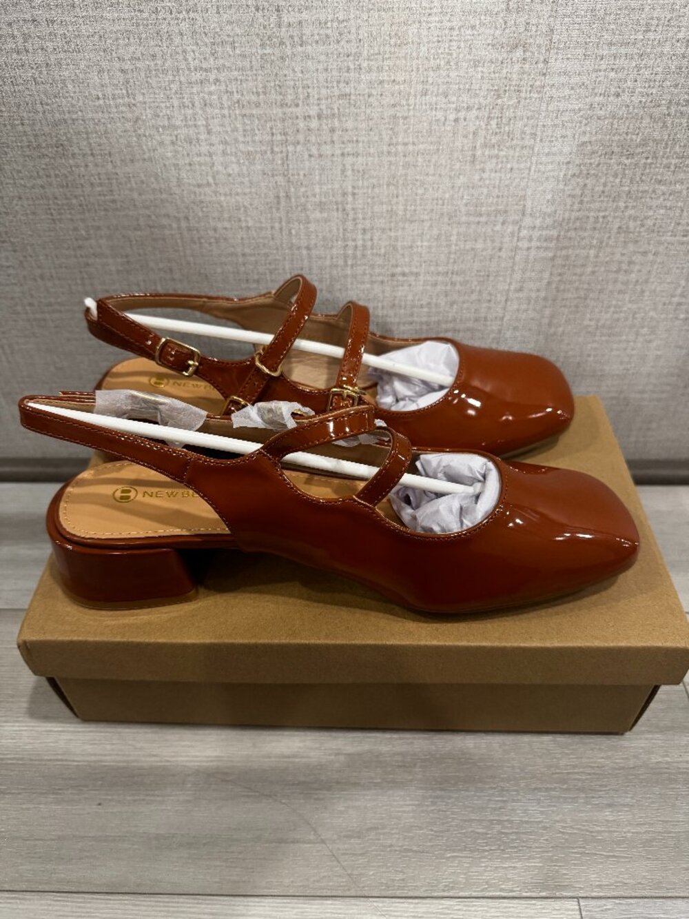 Newbella Brown Patent Mary Jane Slingback | Double Strap | Square Toe | 8.5 NIB - Picture 4 of 11